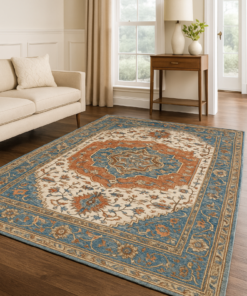 Close-up of rug pattern and low-pile texture