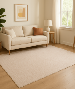 Neutral-toned traditional rug styled in a rustic interior