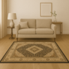 Traditional neutral-toned rug styled in a cozy room