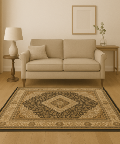 Traditional neutral-toned rug styled in a cozy room