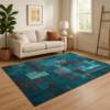 Artistic modern rug styled in a vibrant living space