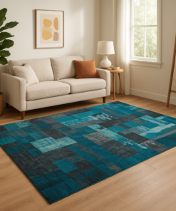 Artistic modern rug styled in a vibrant living space