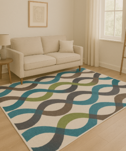 Bold modern rug styled in a contemporary space