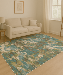 Modern rug styled in a cozy contemporary living space
