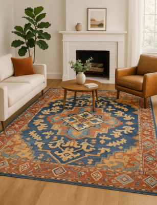 Close-up of rug pattern and low-pile texture