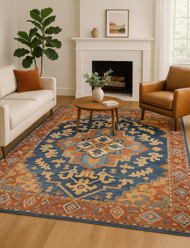 Close-up of rug pattern and low-pile texture