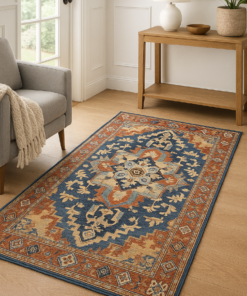 Close-up of rug pattern and low-pile texture