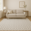 Traditional beige and ivory area rug styled in a cozy living room