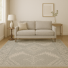 Light-toned geometric rug styled in a modern living space