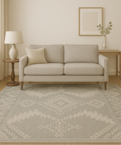 Light-toned geometric rug styled in a modern living space