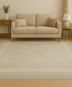 Light-toned rug styled in a bright contemporary room