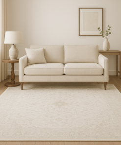 Cool-toned contemporary area rug styled in a modern room