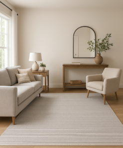 Abstract area rug styled in a modern living room