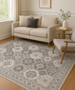 Warm-toned abstract rug styled in a contemporary interior