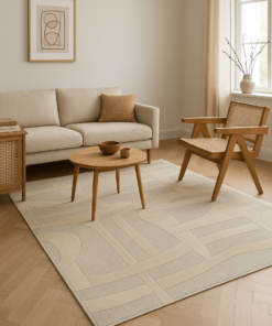 Small neutral-toned rug styled in a cozy space