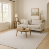 Large wool area rug styled in a modern minimalist interior