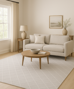 Large wool area rug styled in a modern minimalist interior