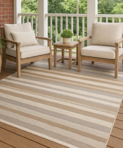 Modern area rug styled in an outdoor patio setting