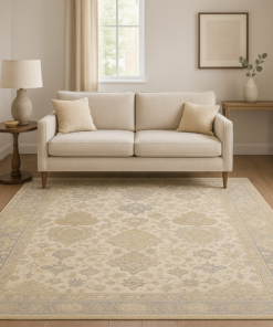 Radiance neutral-toned area rug styled in a contemporary living room