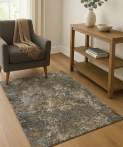 Compact modern rug styled in an entryway or hallway