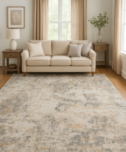 Large modern rug styled in a spacious living room