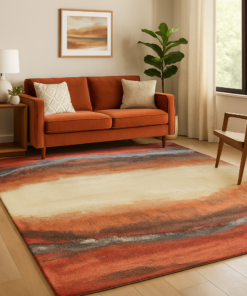 8x11 artistic rug styled in a vibrant modern living room